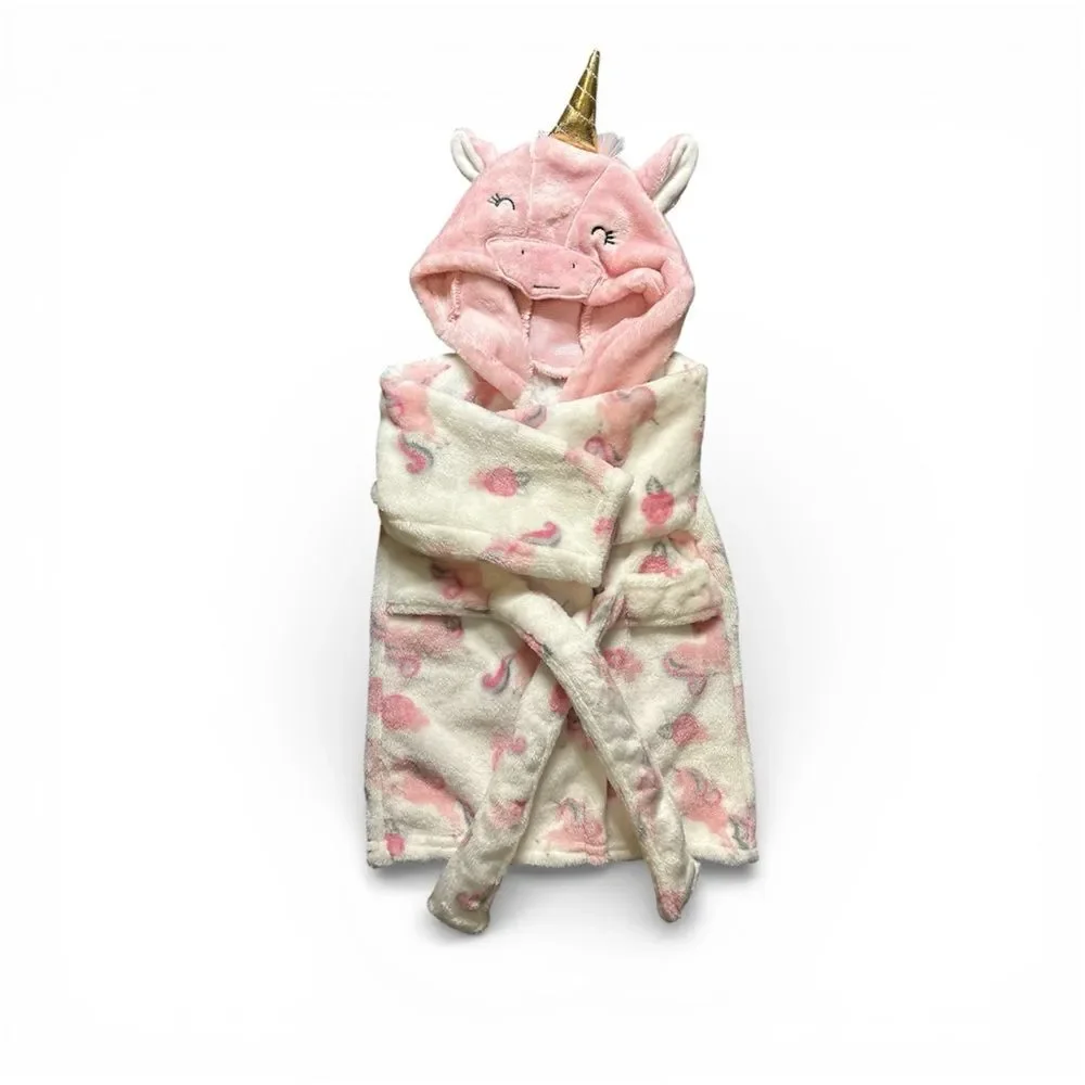 Unicorn Robe 0-6M Pink White Plush Hooded Bathrobe Animal Face